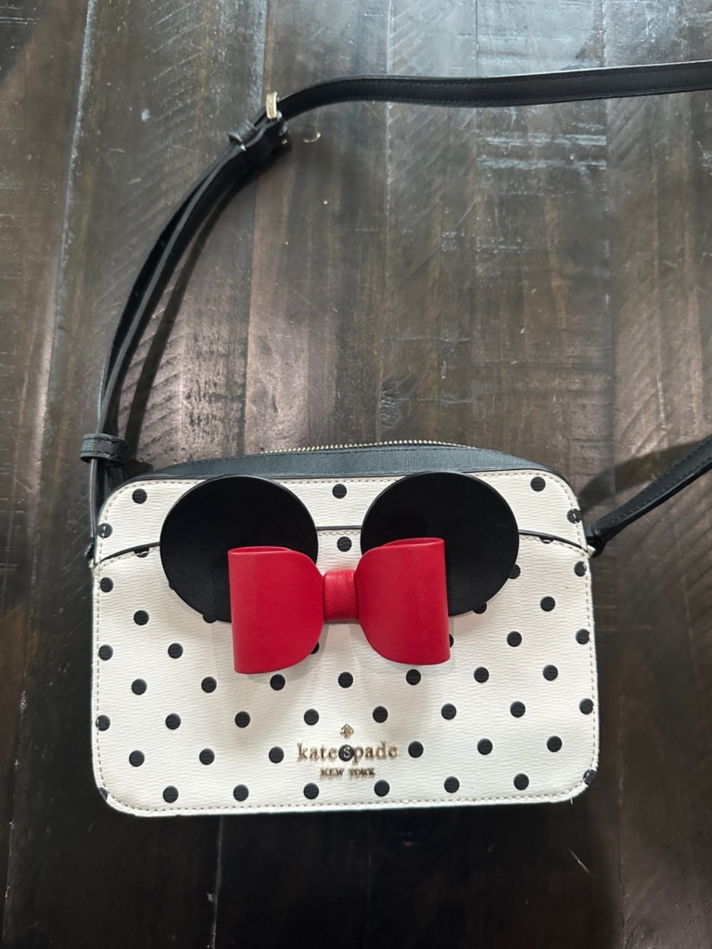 kate spade White & Black Polka Dot Mini Crossbody with Red Bow Accent